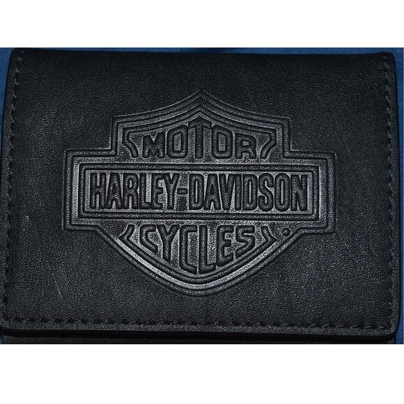Harley-Davidson Leather Wallet Chain Biker Motorcycle Trifold Embossed - Picture 2 of 5